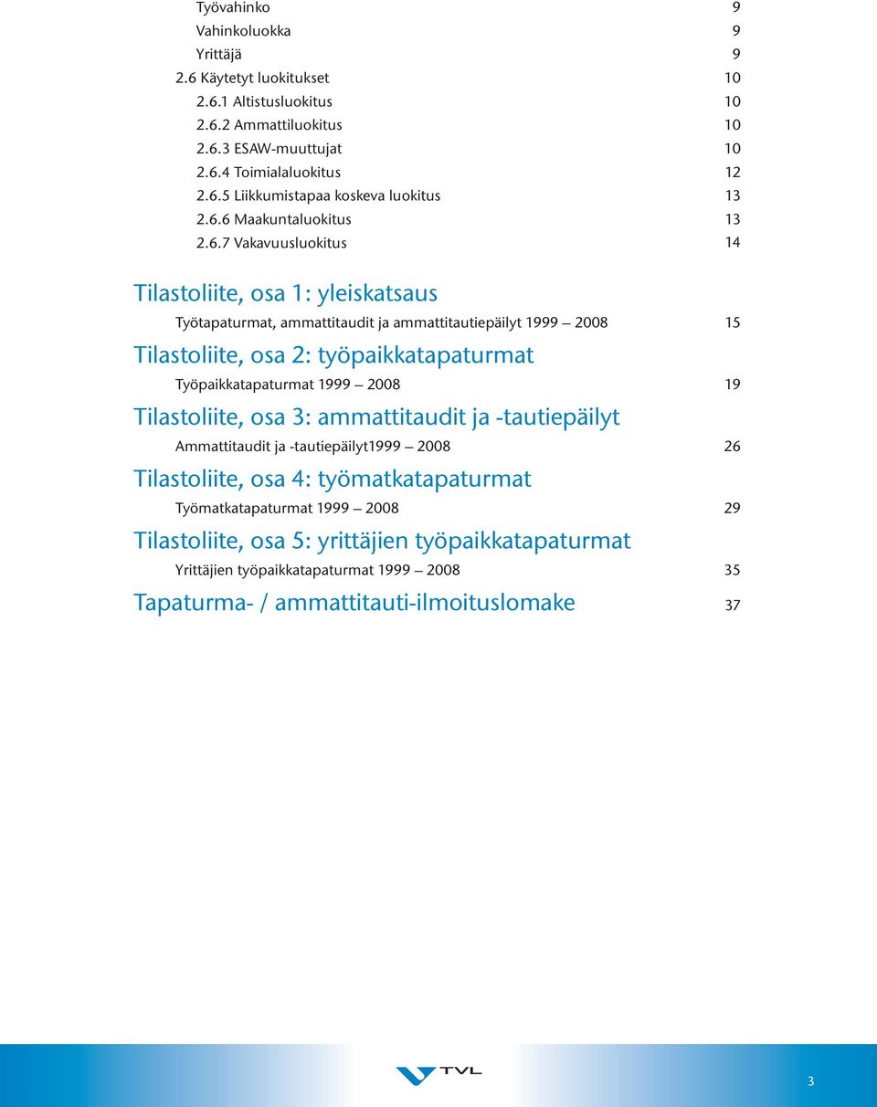 työpaikkatapaturmat Työpaikkatapaturmat 1999 2008 19 Tilastoliite, osa 3: ammattitaudit ja -tautiepäilyt Ammattitaudit ja -tautiepäilyt1999 2008 26 Tilastoliite, osa 4: