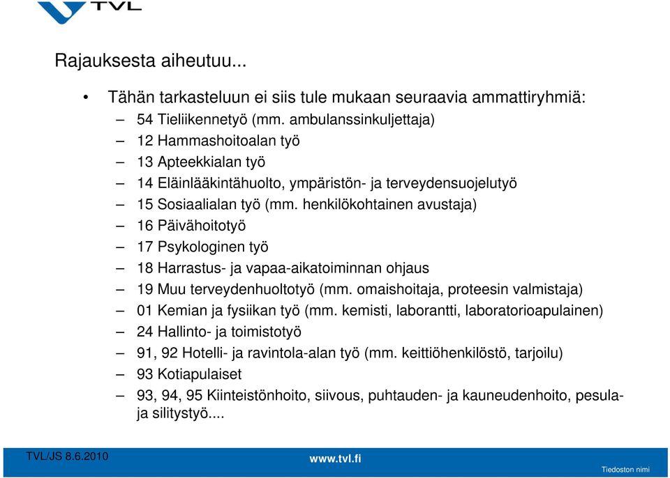 henkilökohtainen avustaja) 16 Päivähoitotyö 17 Psykologinen työ 18 Harrastus- ja vapaa-aikatoiminnan ohjaus 19 Muu terveydenhuoltotyö (mm.