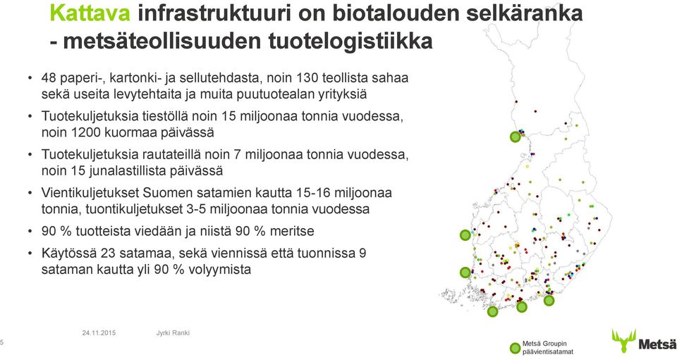 7 miljoonaa tonnia vuodessa, noin 15 junalastillista päivässä Vientikuljetukset Suomen satamien kautta 15-16 miljoonaa tonnia, tuontikuljetukset 3-5 miljoonaa tonnia