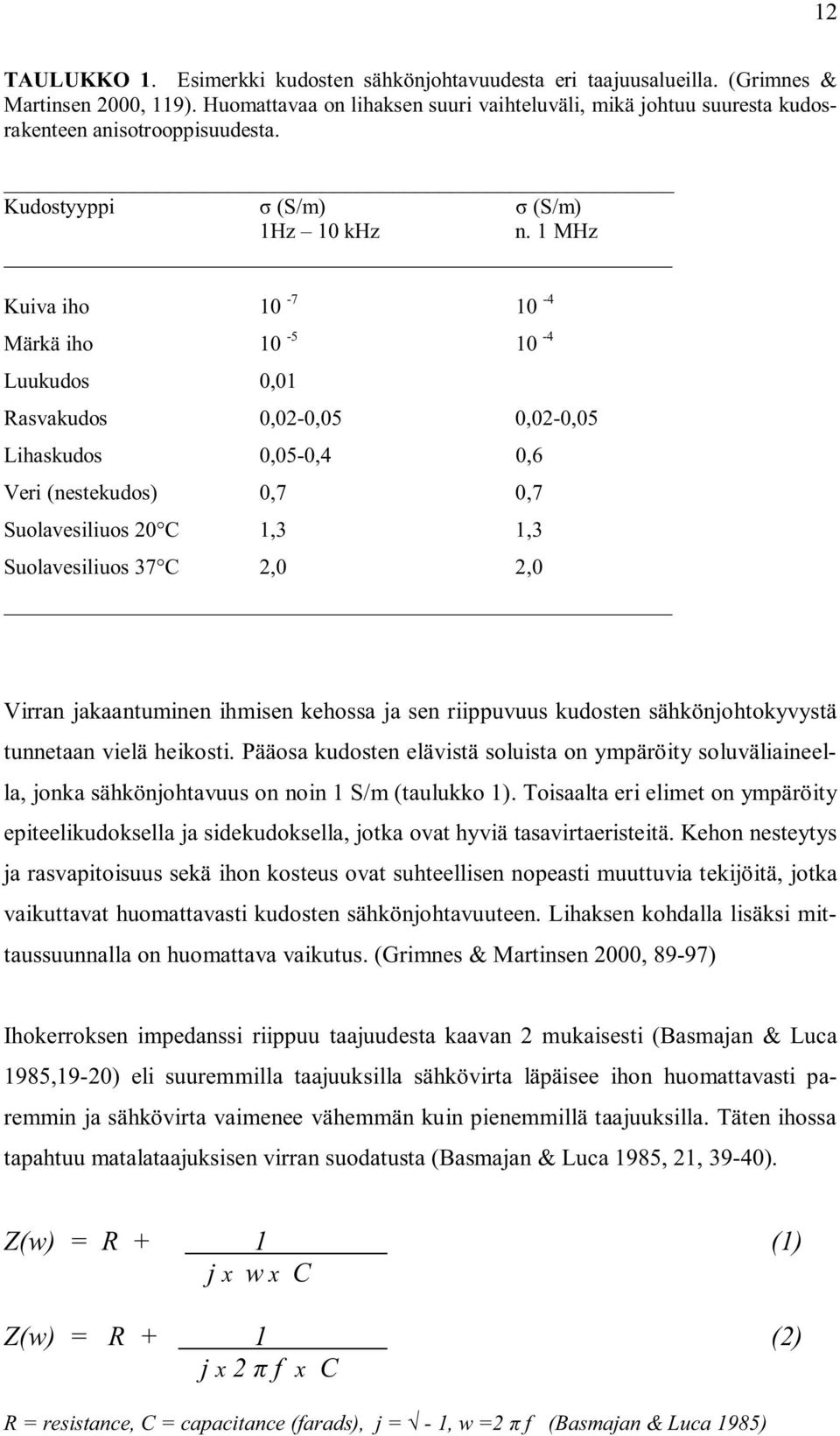 1 MHz Kuiva iho 10-7 10-4 Märkä iho 10-5 10-4 Luukudos 0,01 Rasvakudos 0,02-0,05 0,02-0,05 Lihaskudos 0,05-0,4 0,6 Veri (nestekudos) 0,7 0,7 Suolavesiliuos 20 C 1,3 1,3 Suolavesiliuos 37 C 2,0 2,0