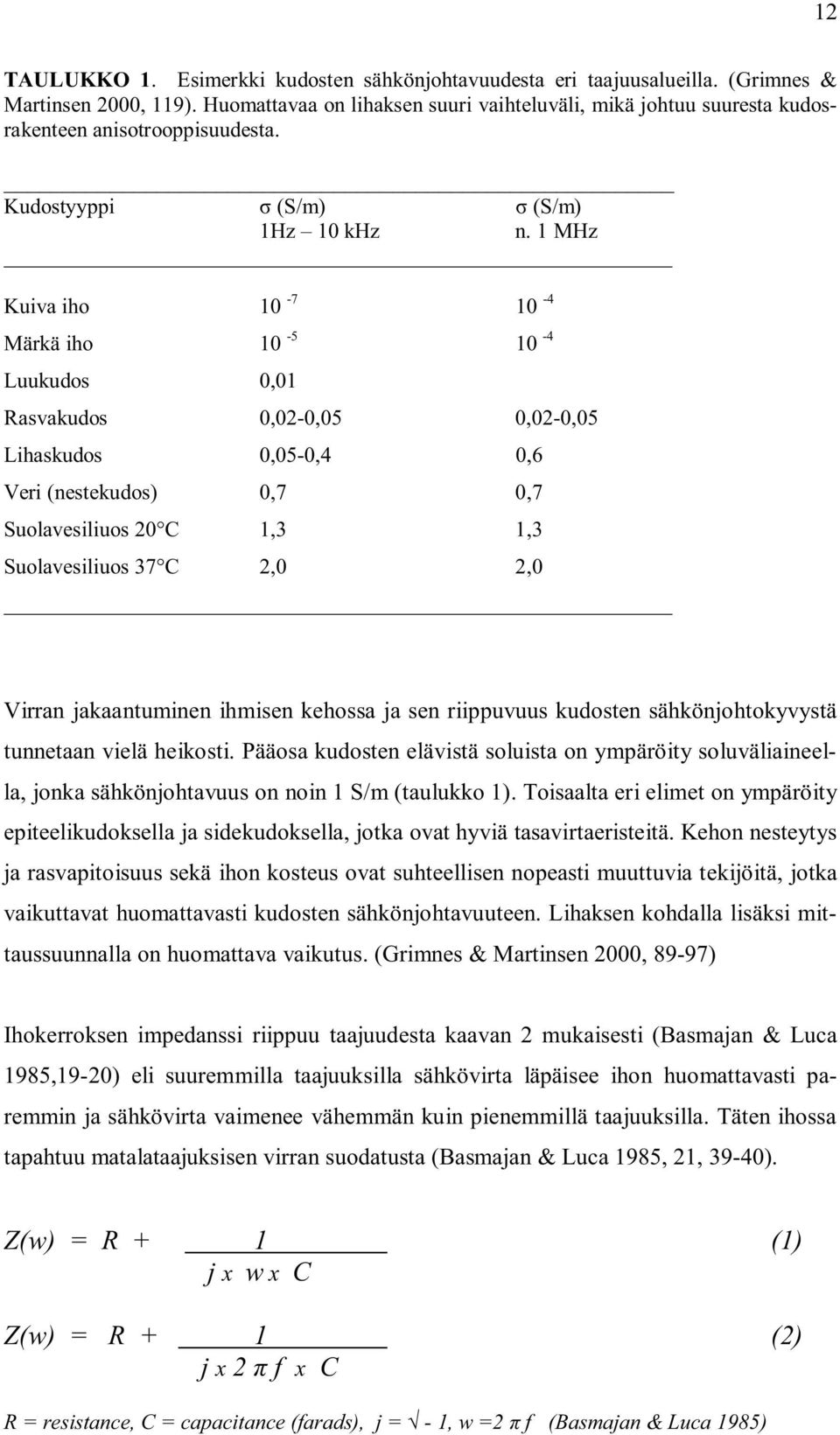 1 MHz Kuiva iho 10-7 10-4 Märkä iho 10-5 10-4 Luukudos 0,01 Rasvakudos 0,02-0,05 0,02-0,05 Lihaskudos 0,05-0,4 0,6 Veri (nestekudos) 0,7 0,7 Suolavesiliuos 20 C 1,3 1,3 Suolavesiliuos 37 C 2,0 2,0