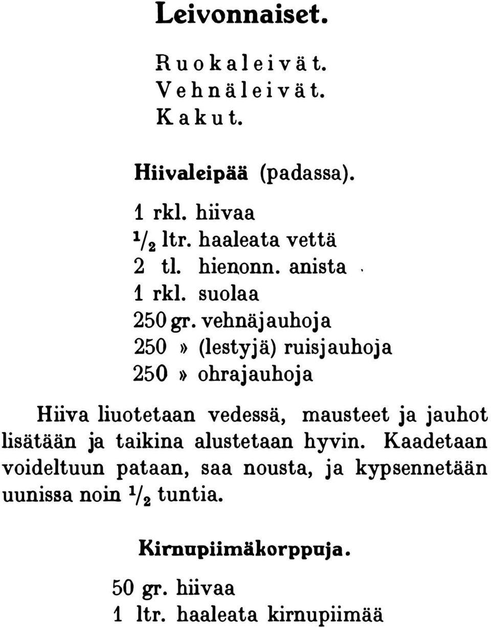 vehnäjauhoja 250 >> (lestyjä) ruisjauhoja 250» ohrajauhoja Hiiva liuotetaan vedessä, mausteet ja jauhot lisätään