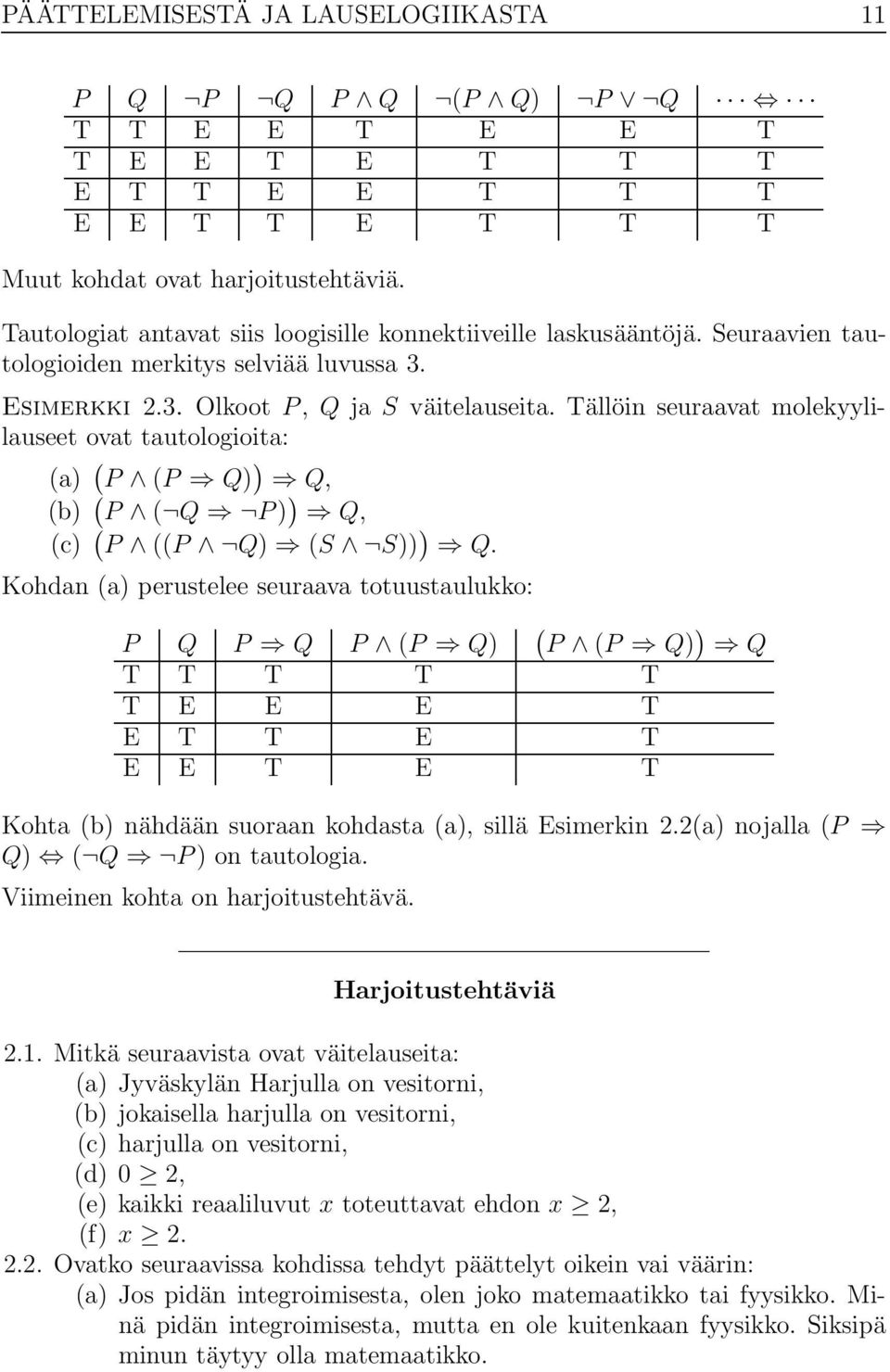 Tällöin seuraavat molekyylilauseet ovat tautologioita: (a) ( P (P Q) ) Q, (b) ( P ( Q P ) ) Q, (c) ( P ((P Q) (S S)) ) Q.