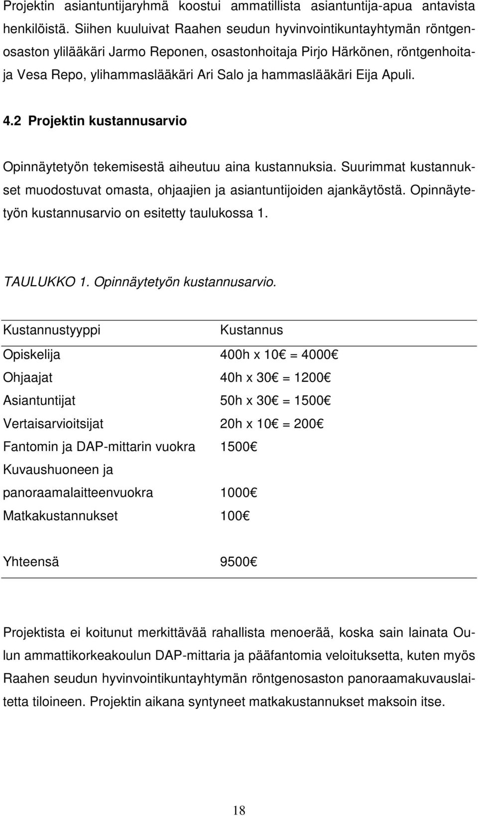 Eija Apuli. 4.2 Projektin kustannusarvio Opinnäytetyön tekemisestä aiheutuu aina kustannuksia. Suurimmat kustannukset muodostuvat omasta, ohjaajien ja asiantuntijoiden ajankäytöstä.