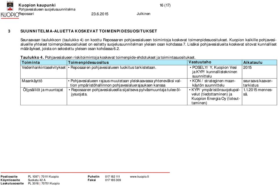 Lisäksi pohjavesialueita koskevat sitovat kunnalliset määräykset, joista on selostettu yleisen osan kohdassa 6.2. Taulukko 4.