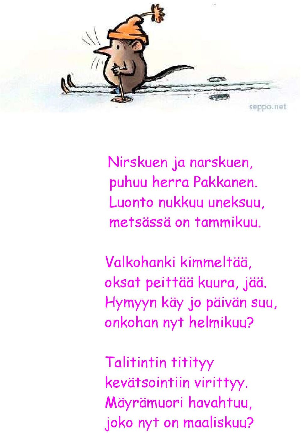 Valkohanki kimmeltää, oksat peittää kuura, jää.