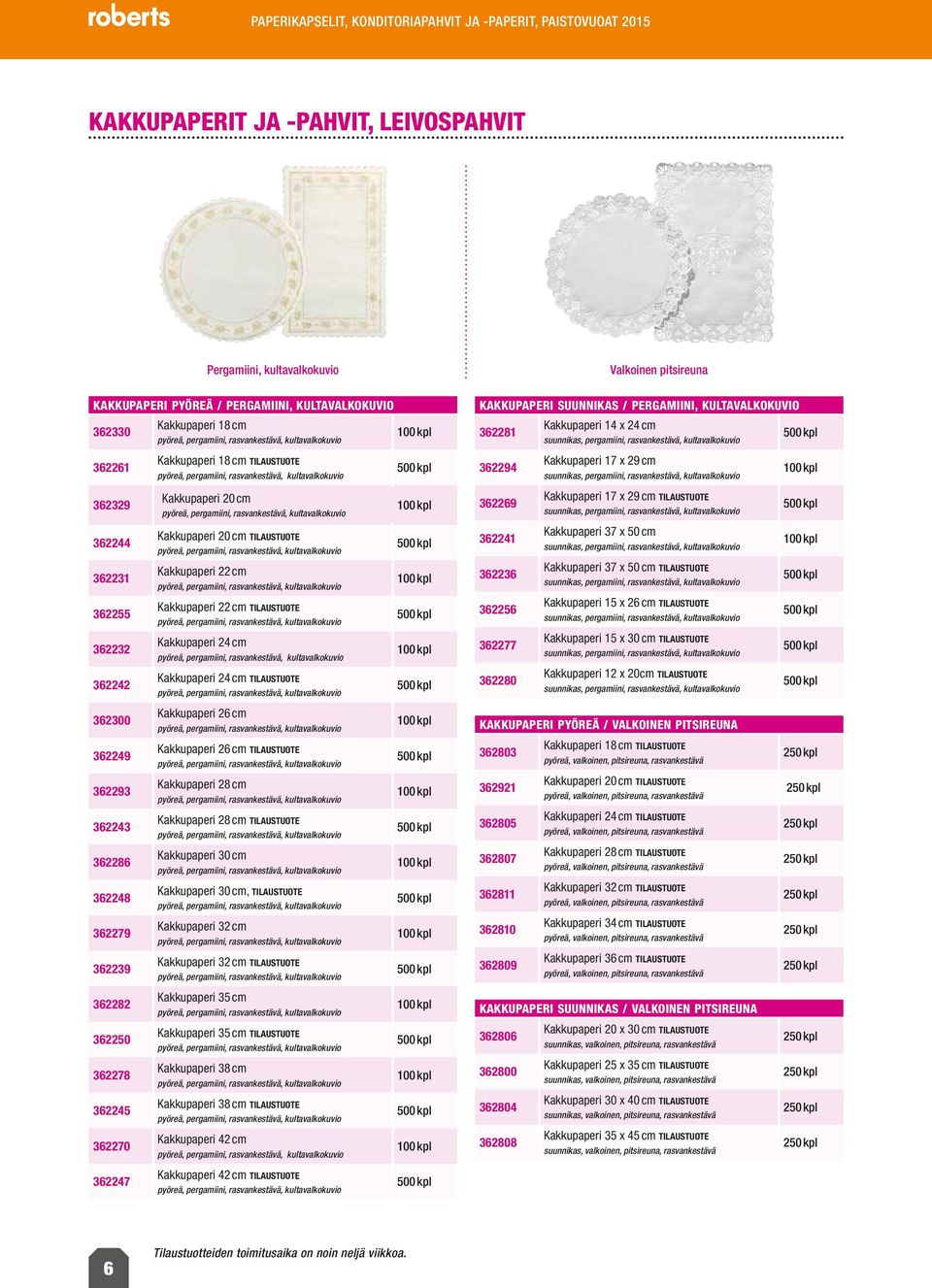 Kakkupaperi 24 cm TILAUSTUOTE 362300 Kakkupaperi 26 cm 362249 Kakkupaperi 26 cm TILAUSTUOTE 362293 Kakkupaperi 28 cm 362243 Kakkupaperi 28 cm TILAUSTUOTE 362286 Kakkupaperi 30 cm 362248 Kakkupaperi