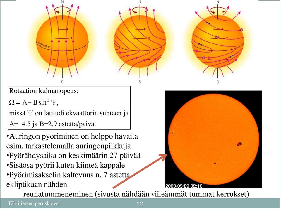 tarkastelemalla auringonpilkkuja Pyörähdysaika on keskimäärin 27 päivää Sisäosa pyörii kuten kiinteä