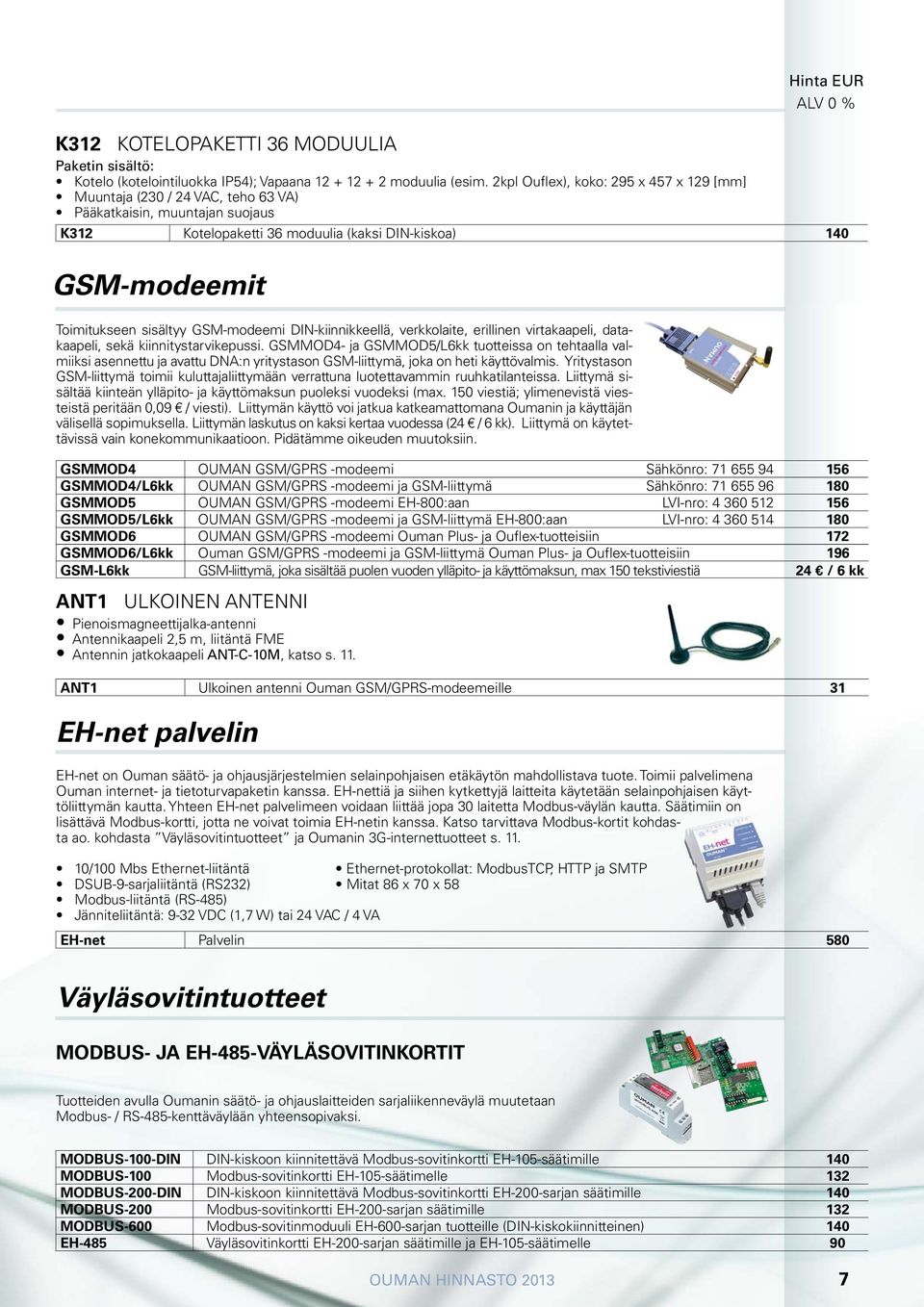 GSM-modeemi DIN-kiinnikkeellä, verkkolaite, erillinen virtakaapeli, datakaapeli, sekä kiinnitystarvikepussi.