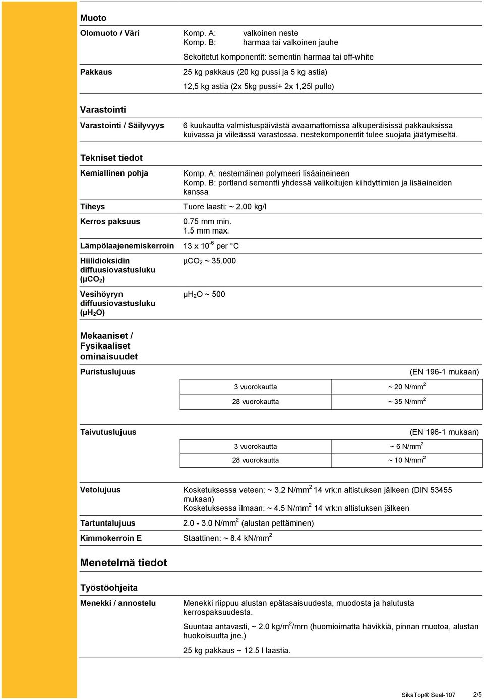 Varastointi / Säilyvyys 6 kuukautta valmistuspäivästä avaamattomissa alkuperäisissä pakkauksissa kuivassa ja viileässä varastossa. nestekomponentit tulee suojata jäätymiseltä.