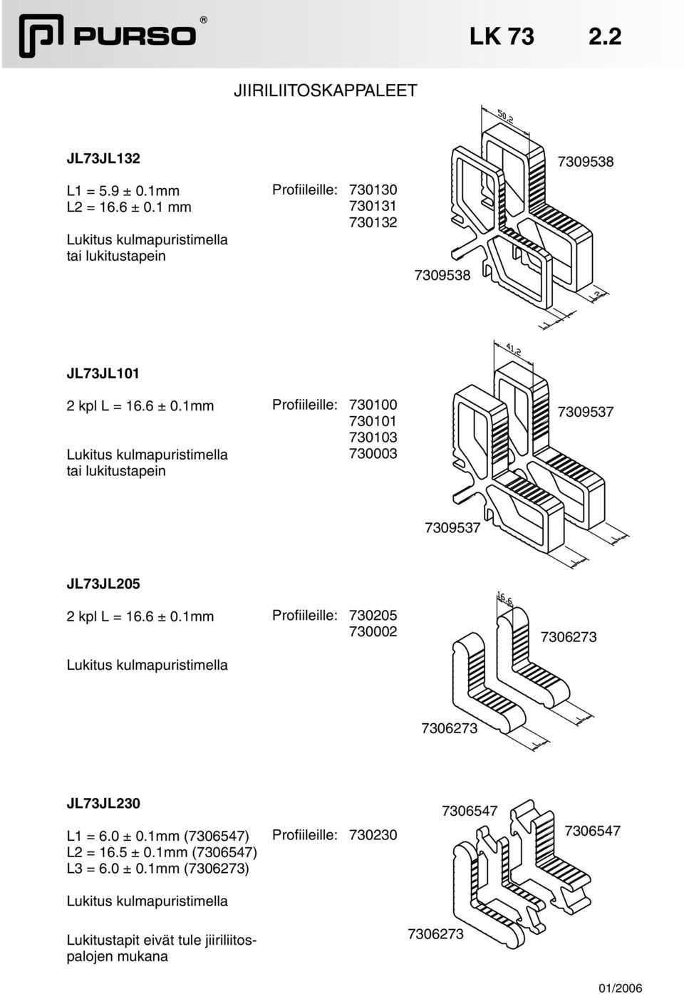 1mm Lukitus kulmapuristimella tai lukitustapein Profiileille: 730100 730101 730103 730003 7309537 7309537 JL73JL205 2 kpl L = 16.6 ± 0.