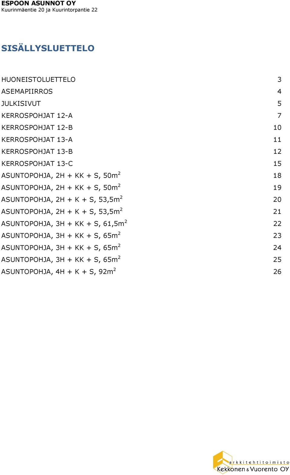 ASUNTOPJA, 2H + K + S, 53,5m 2 20 ASUNTOPJA, 2H + K + S, 53,5m 2 21 ASUNTOPJA, 3H + + S, 61,5m 2 22