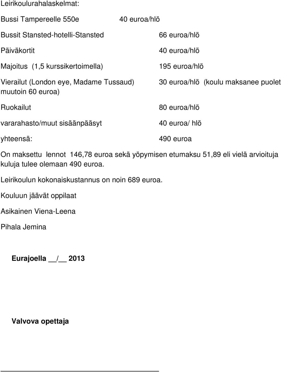 maksanee puolet 80 euroa/hlö 40 euroa/ hlö 490 euroa On maksettu lennot 146,78 euroa sekä yöpymisen etumaksu 51,89 eli vielä arvioituja kuluja tulee