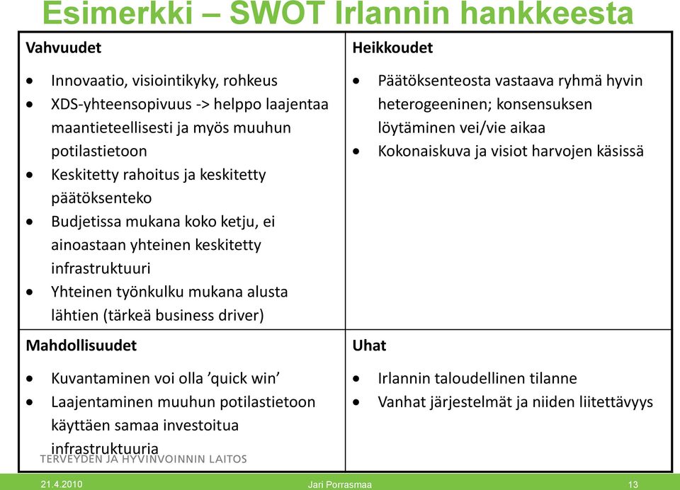 business driver) Mahdollisuudet Uhat Päätöksenteosta vastaava ryhmä hyvin heterogeeninen; konsensuksen löytäminen vei/vie aikaa Kokonaiskuva ja visiot harvojen käsissä Kuvantaminen voi