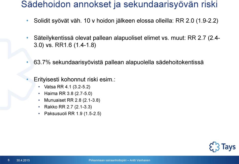 7% sekundaarisyövistä pallean alapuolella sädehoitokentissä Erityisesti kohonnut riski esim.: Vatsa RR 4.1 (3.