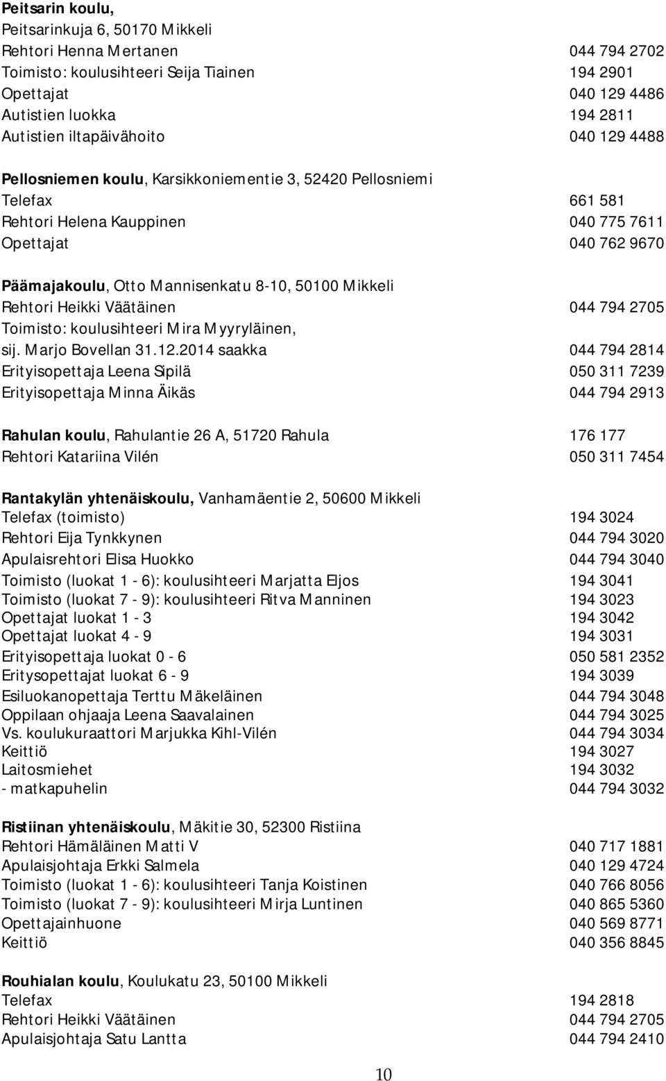 8-10, 50100 Mikkeli Rehtori Heikki Väätäinen 044 794 2705 Toimisto: koulusihteeri Mira Myyryläinen, sij. Marjo Bovellan 31.12.
