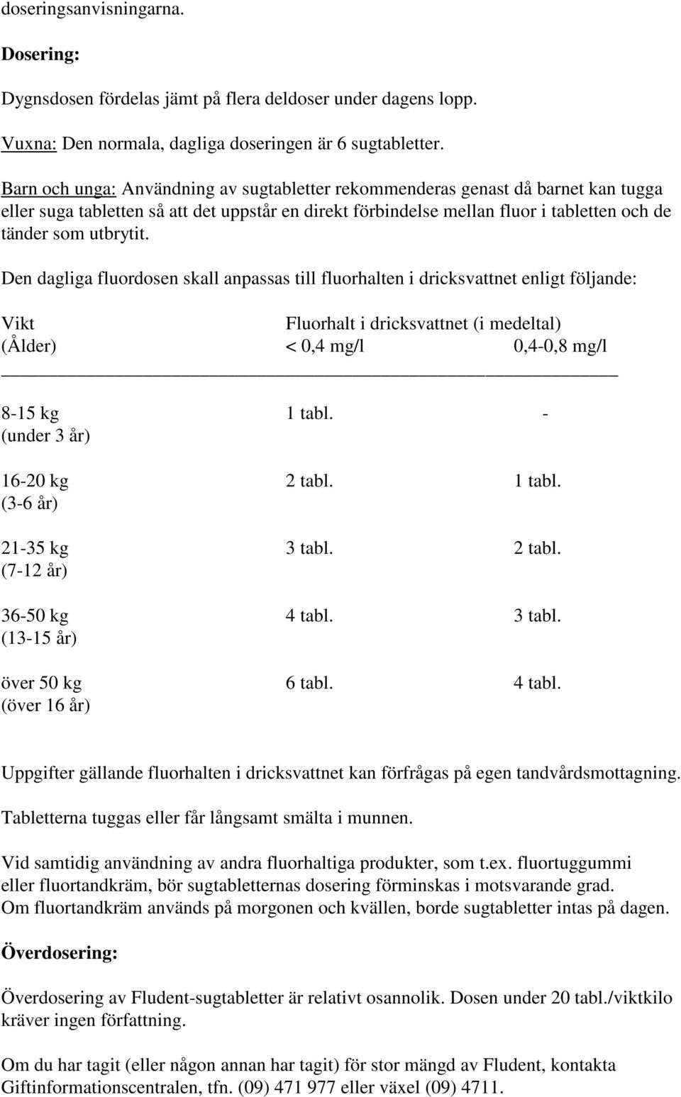 Den dagliga fluordosen skall anpassas till fluorhalten i dricksvattnet enligt följande: Vikt Fluorhalt i dricksvattnet (i medeltal) (Ålder) < 0,4 mg/l 0,4-0,8 mg/l 8-15 kg 1 tabl.