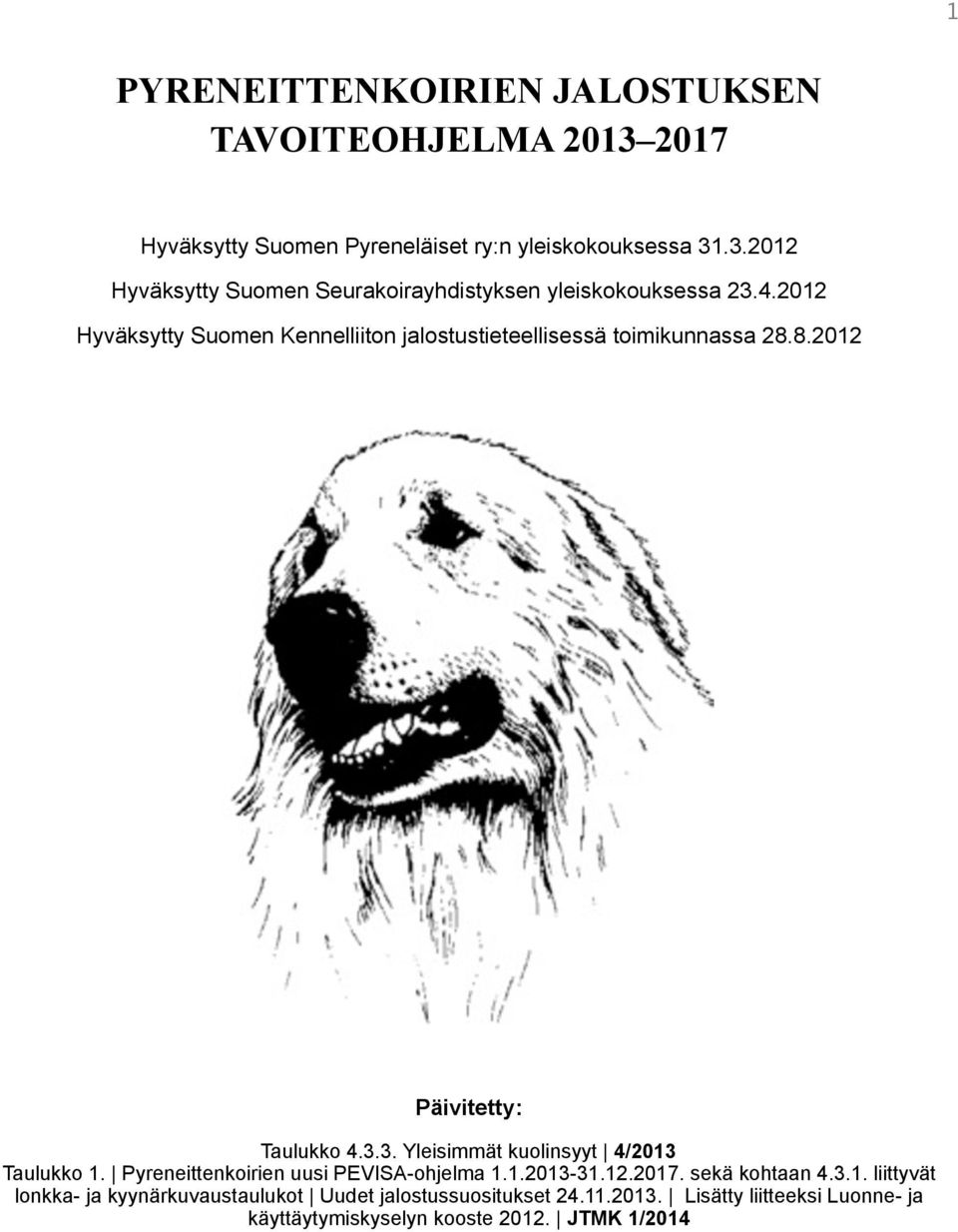 3. Yleisimmät kuolinsyyt 4/2013 Taulukko 1. Pyreneittenkoirien uusi PEVISA-ohjelma 1.1.2013-31.12.2017. sekä kohtaan 4.3.1. liittyvät lonkka- ja kyynärkuvaustaulukot Uudet jalostussuositukset 24.