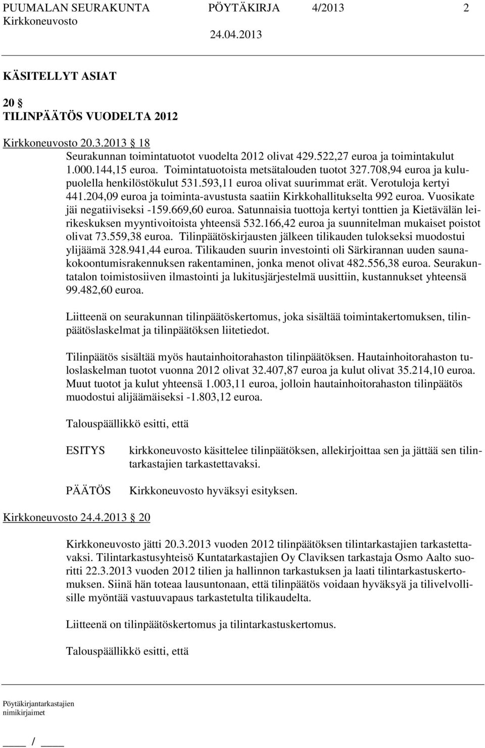 204,09 euroa ja toiminta-avustusta saatiin Kirkkohallitukselta 992 euroa. Vuosikate jäi negatiiviseksi -159.669,60 euroa.