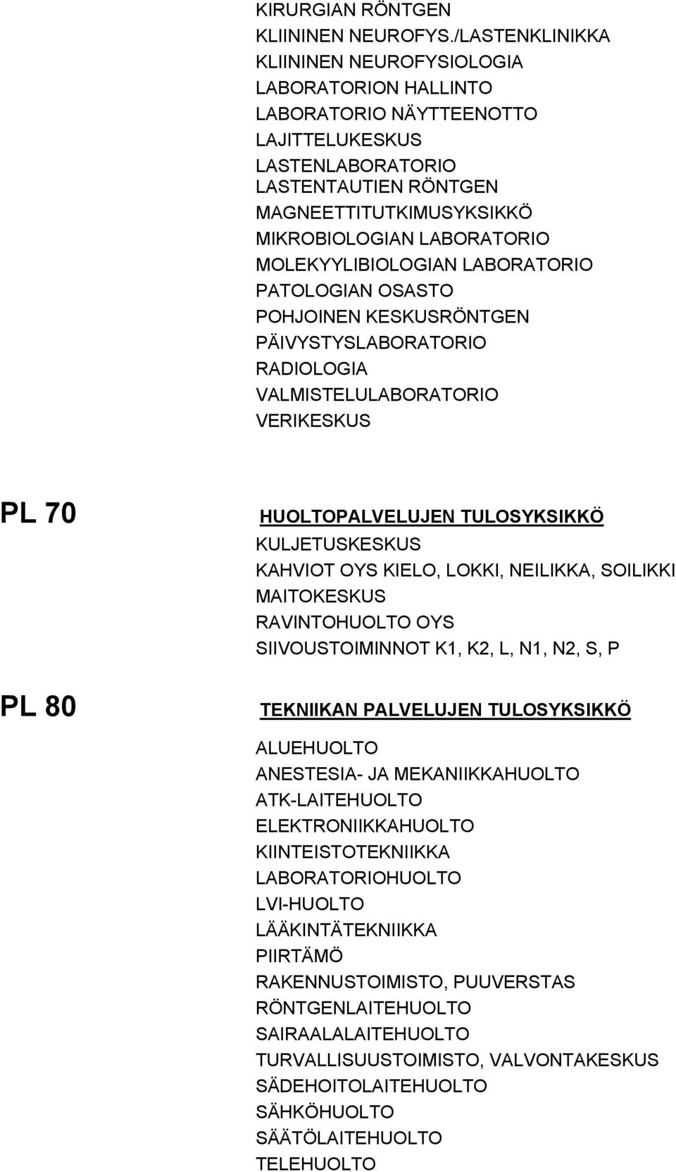 MOLEKYYLIBIOLOGIAN LABORATORIO PATOLOGIAN OSASTO POHJOINEN KESKUSRÖNTGEN PÄIVYSTYSLABORATORIO RADIOLOGIA VALMISTELULABORATORIO VERIKESKUS PL 70 PL 80 HUOLTOPALVELUJEN TULOSYKSIKKÖ KULJETUSKESKUS