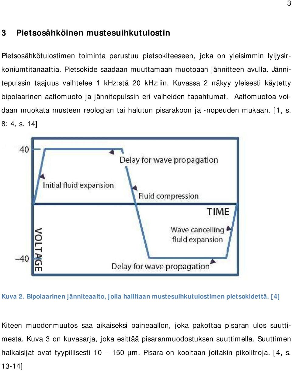 Aaltomuotoa voidaan muokata musteen reologian tai halutun pisarakoon ja -nopeuden mukaan. [1, s. 8; 4, s. 14] Kuva 2. Bipolaarinen jänniteaalto, jolla hallitaan mustesuihkutulostimen pietsokidettä.