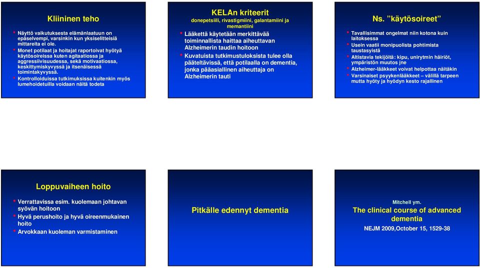 Kontrolloiduissa tutkimuksissa kuitenkin myös lumehoidetuilla voidaan näitä todeta KELAn kriteerit donepetsiili, rivastigmiini, galantamiini ja memantiini Lääkettä käytetään merkittävää