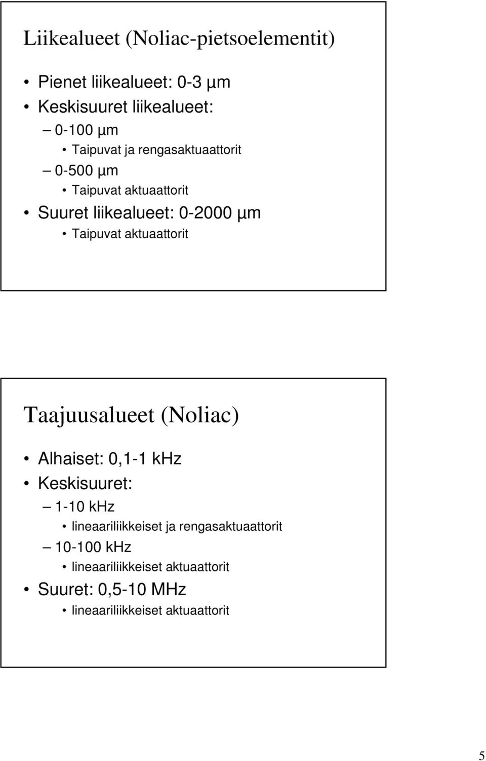 aktuaattorit Taajuusalueet (Noliac) Alhaiset: 0,1-1 khz Keskisuuret: 1-10 khz lineaariliikkeiset ja