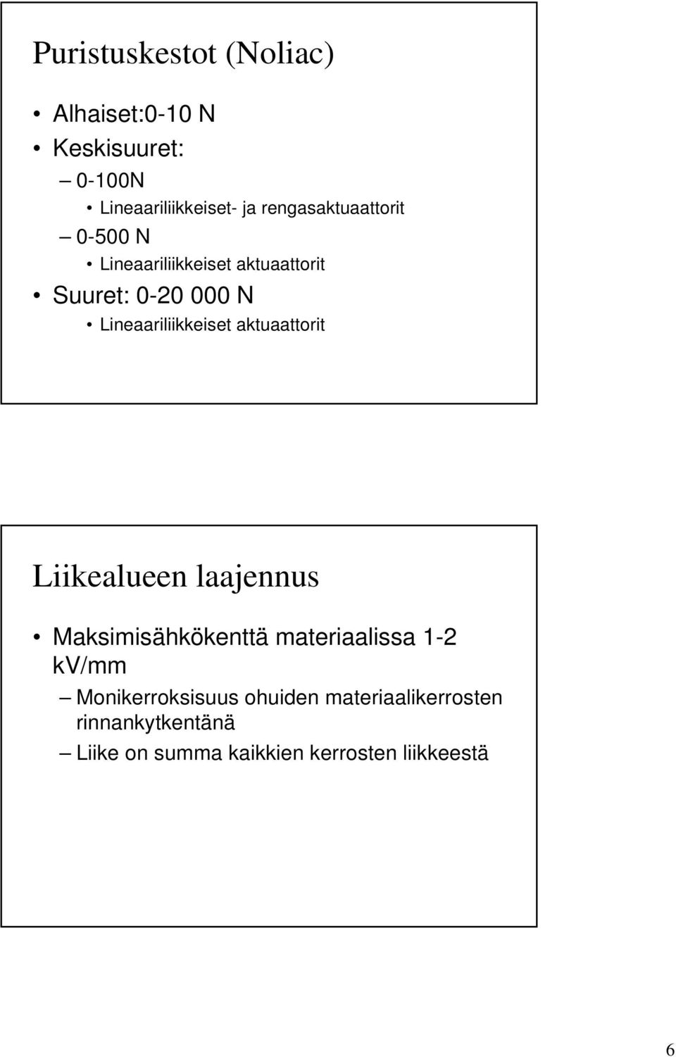 Lineaariliikkeiset aktuaattorit Liikealueen laajennus Maksimisähkökenttä materiaalissa 1-2