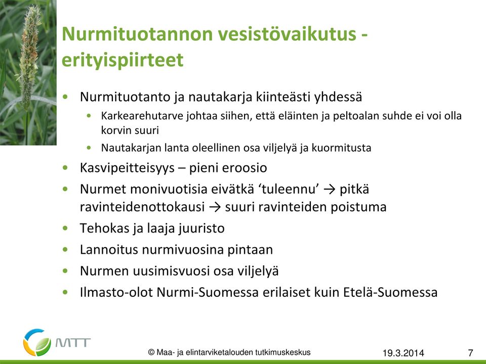 monivuotisia eivätkä tuleennu pitkä ravinteidenottokausi suuri ravinteiden poistuma Tehokas ja laaja juuristo Lannoitus nurmivuosina pintaan