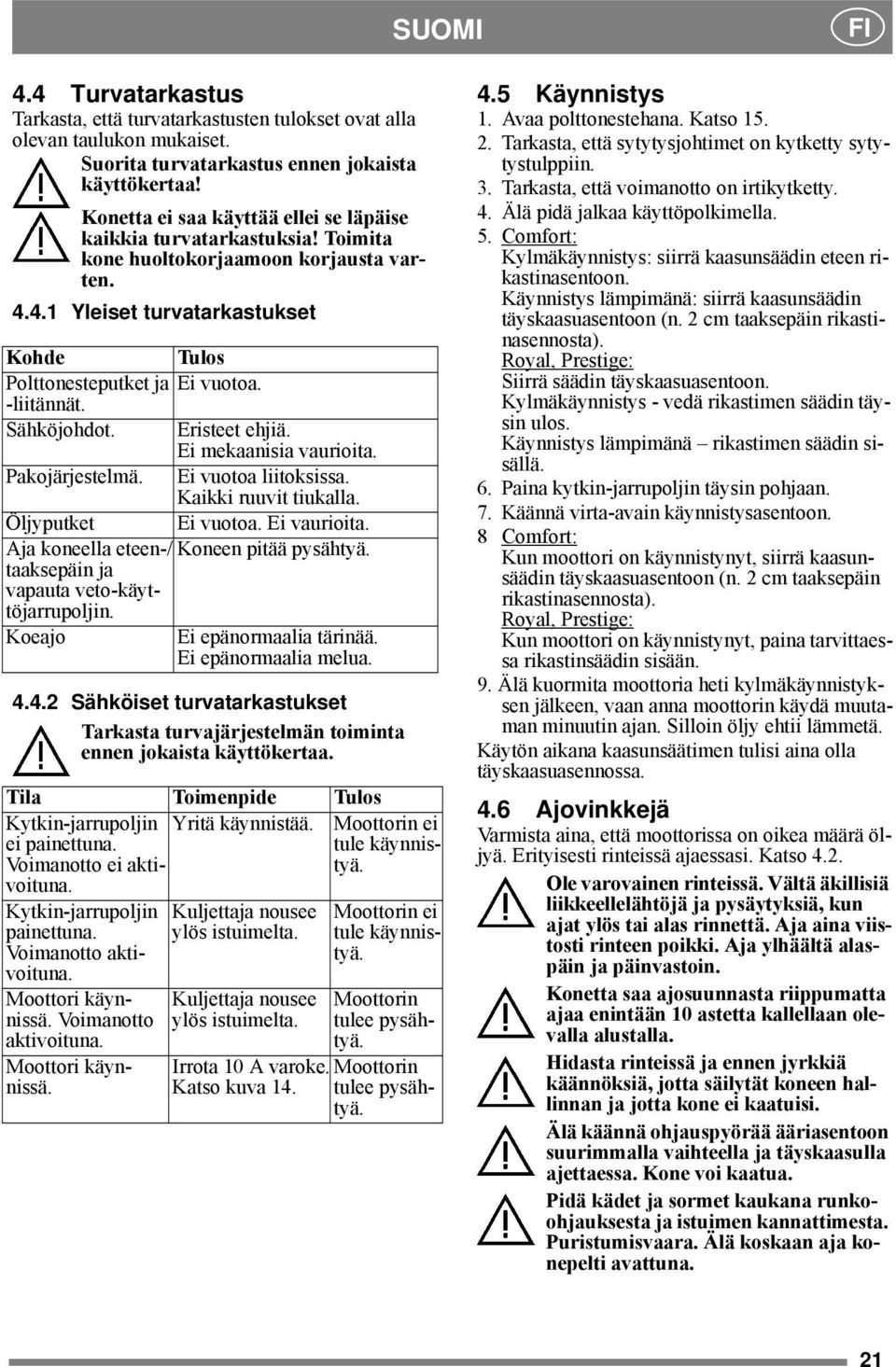 -liitännät. Sähköjohdot. Eristeet ehjiä. Ei mekaanisia vaurioita. Pakojärjestelmä. Ei vuotoa liitoksissa. Kaikki ruuvit tiukalla. Öljyputket Ei vuotoa. Ei vaurioita.