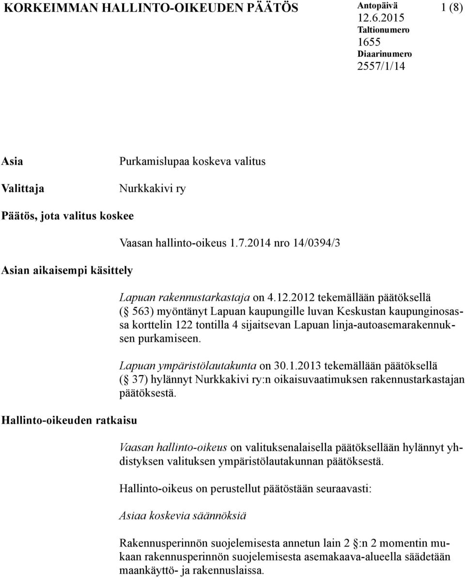 hallinto-oikeus 1.7.2014 nro 14/0394/3 Lapuan rakennustarkastaja on 4.12.