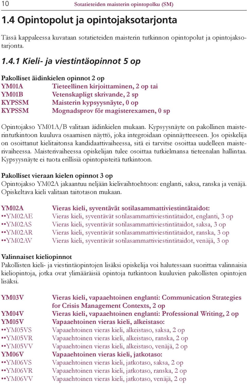 1 Kieli- ja viestintäopinnot 5 op Pakolliset äidinkielen opinnot 2 op YM01A Tieteellinen kirjoittaminen, 2 op tai YM01B Vetenskapligt skrivande, 2 sp KYPSSM Maisterin kypsyysnäyte, 0 op KYPSSM