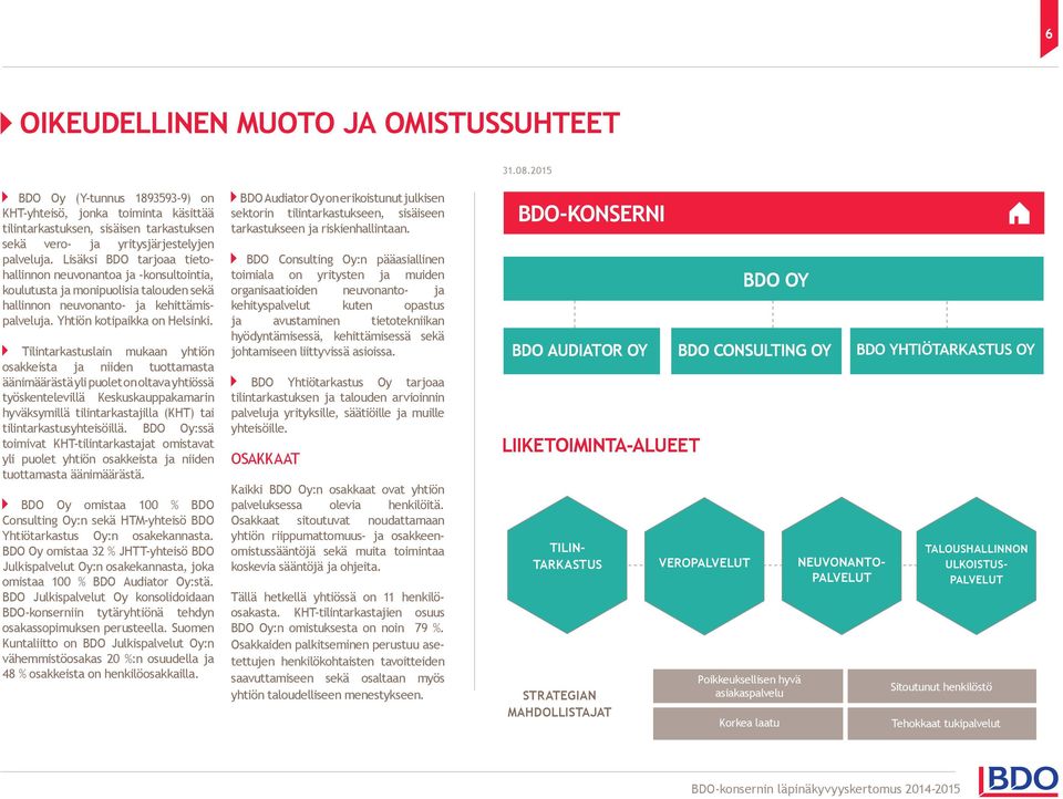 Lisäksi BDO tarjoaa tietohallinnon neuvonantoa ja -konsultointia, koulutusta ja monipuolisia talouden sekä hallinnon neuvonanto- ja kehittämispalveluja. Yhtiön kotipaikka on Helsinki.