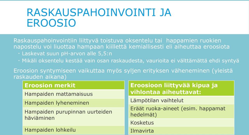 vaikuttaa myös syljen erityksen väheneminen (yleistä raskauden aikana) Eroosion merkit Hampaiden mattamaisuus Hampaiden lyheneminen Hampaiden purupinnan uurteiden