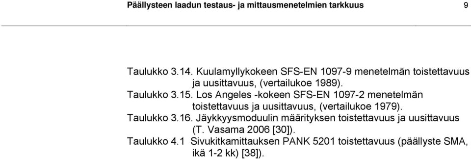 Los Angeles -kokeen SFS-EN 1097-2 menetelmän toistettavuus ja uusittavuus, (vertailukoe 1979). Taulukko 3.16.