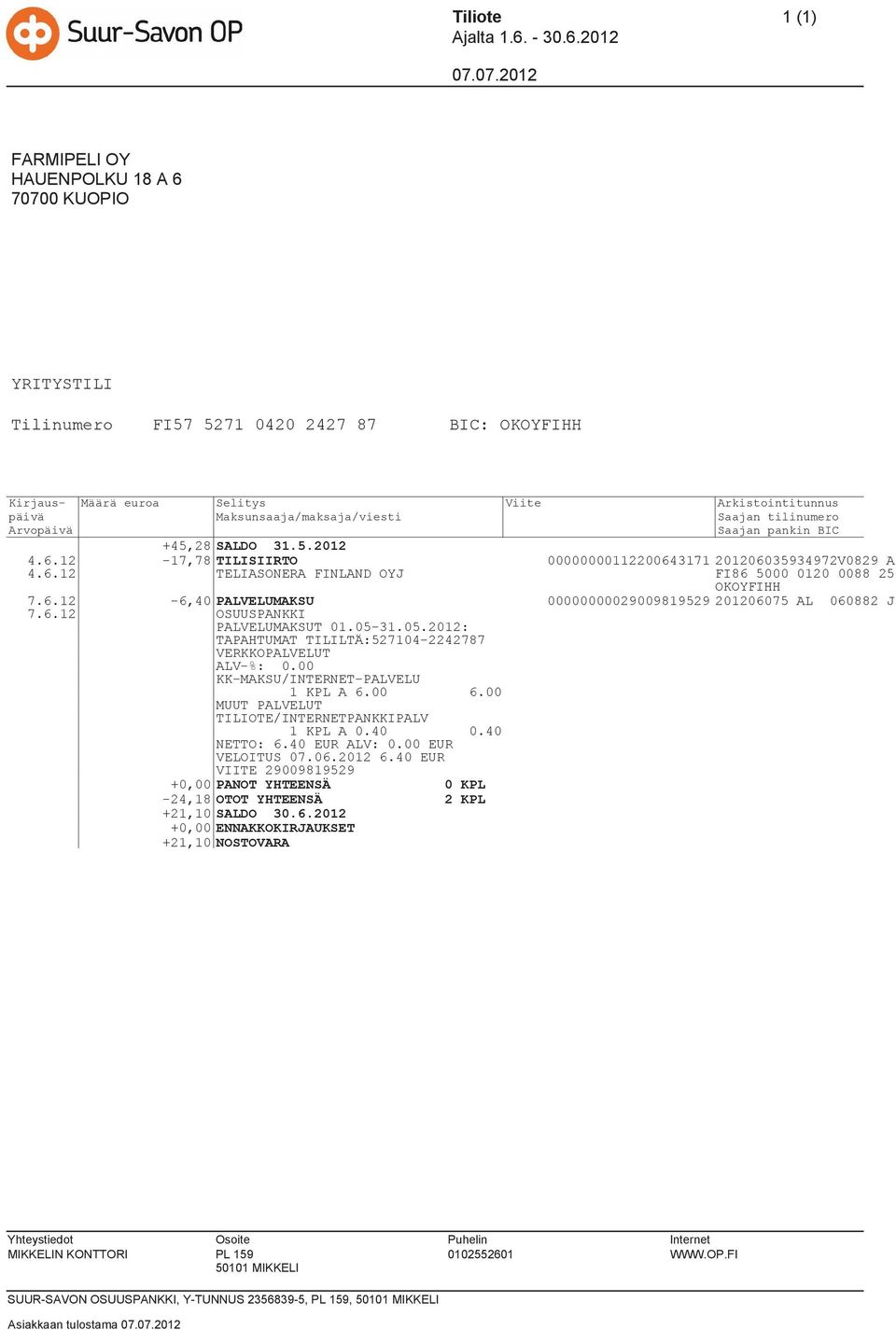 05-31.05.2012: 1 KPL A 0.40 0.40 NETTO: 6.40 EUR ALV: 0.00 EUR VELOITUS 07.06.2012 6.