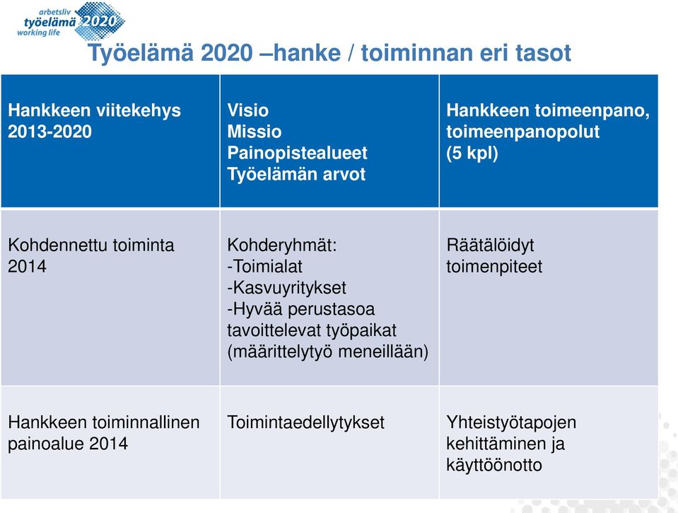 -Toimialat -Kasvuyritykset -Hyvää perustasoa tavoittelevat työpaikat (määrittelytyö meneillään) Räätälöidyt