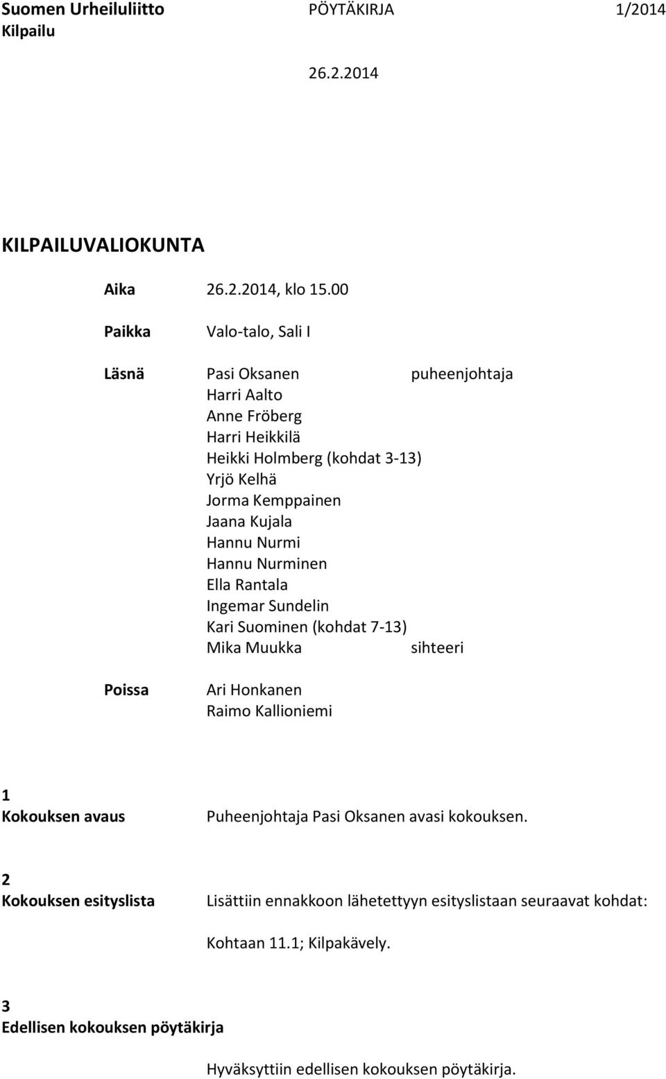 Kujala Hannu Nurmi Hannu Nurminen Ella Rantala Ingemar Sundelin Kari Suominen (kohdat 7-13) Mika Muukka sihteeri Poissa Ari Honkanen Raimo Kallioniemi 1 Kokouksen