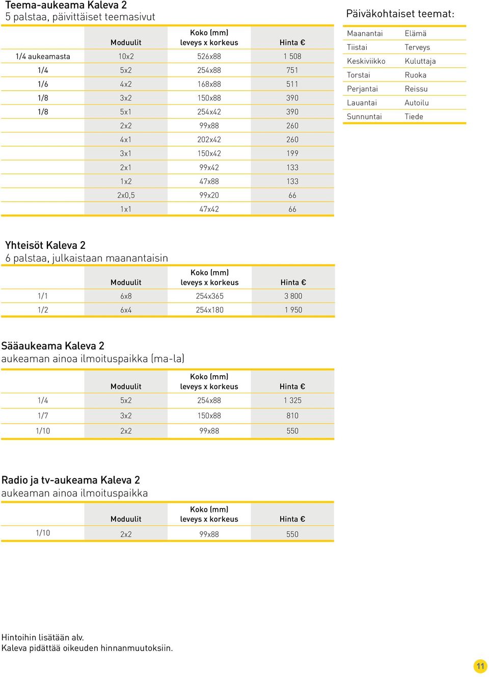 Autoilu Sunnuntai Tiede Yhteisöt Kaleva 2 6 palstaa, julkaistaan maanantaisin 1/1 6x8 254x365 3 800 1/2 6x4 254x180 1 950 Sääaukeama Kaleva 2 aukeaman ainoa ilmoituspaikka (ma-la) 1/4 5x2