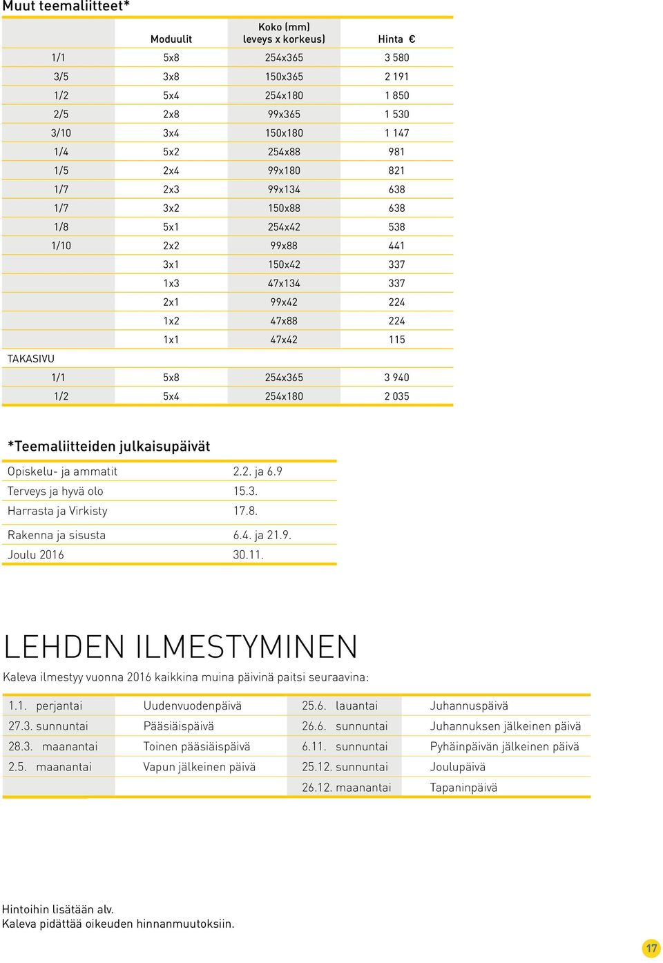 *Teemaliitteiden julkaisupäivät Opiskelu- ja ammatit 2.2. ja 6.9 Terveys ja hyvä olo 15.3. Harrasta ja Virkisty 17.8. Rakenna ja sisusta 6.4. ja 21.9. Joulu 2016 30.11.