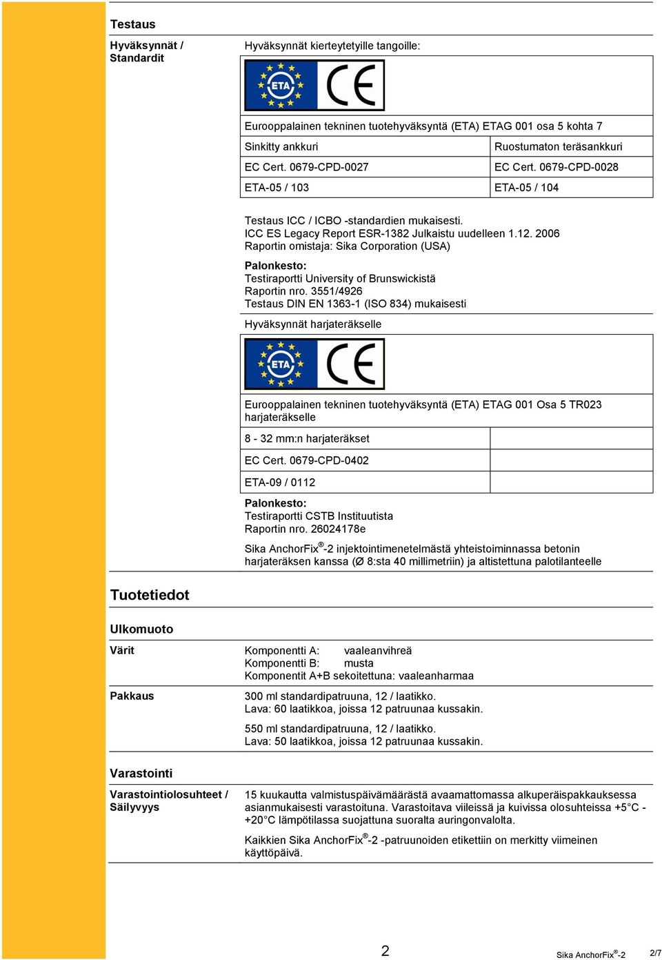 2006 Raportin omistaja: Sika Corporation (USA) Palonkesto: Testiraportti University of Brunswickistä Raportin nro.