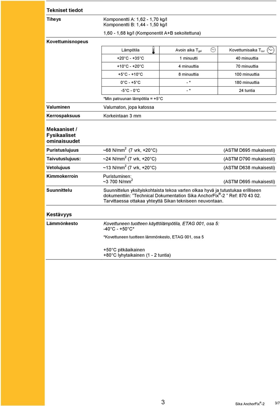 Valuminen Kerrospaksuus Valumaton, jopa katossa Korkeintaan 3 mm Mekaaniset / Fysikaaliset ominaisuudet Puristuslujuus ~68 N/mm 2 (7 vrk, +20 C) (ASTM D695 mukaisesti) Taivutuslujuus: ~24 N/mm 2 (7