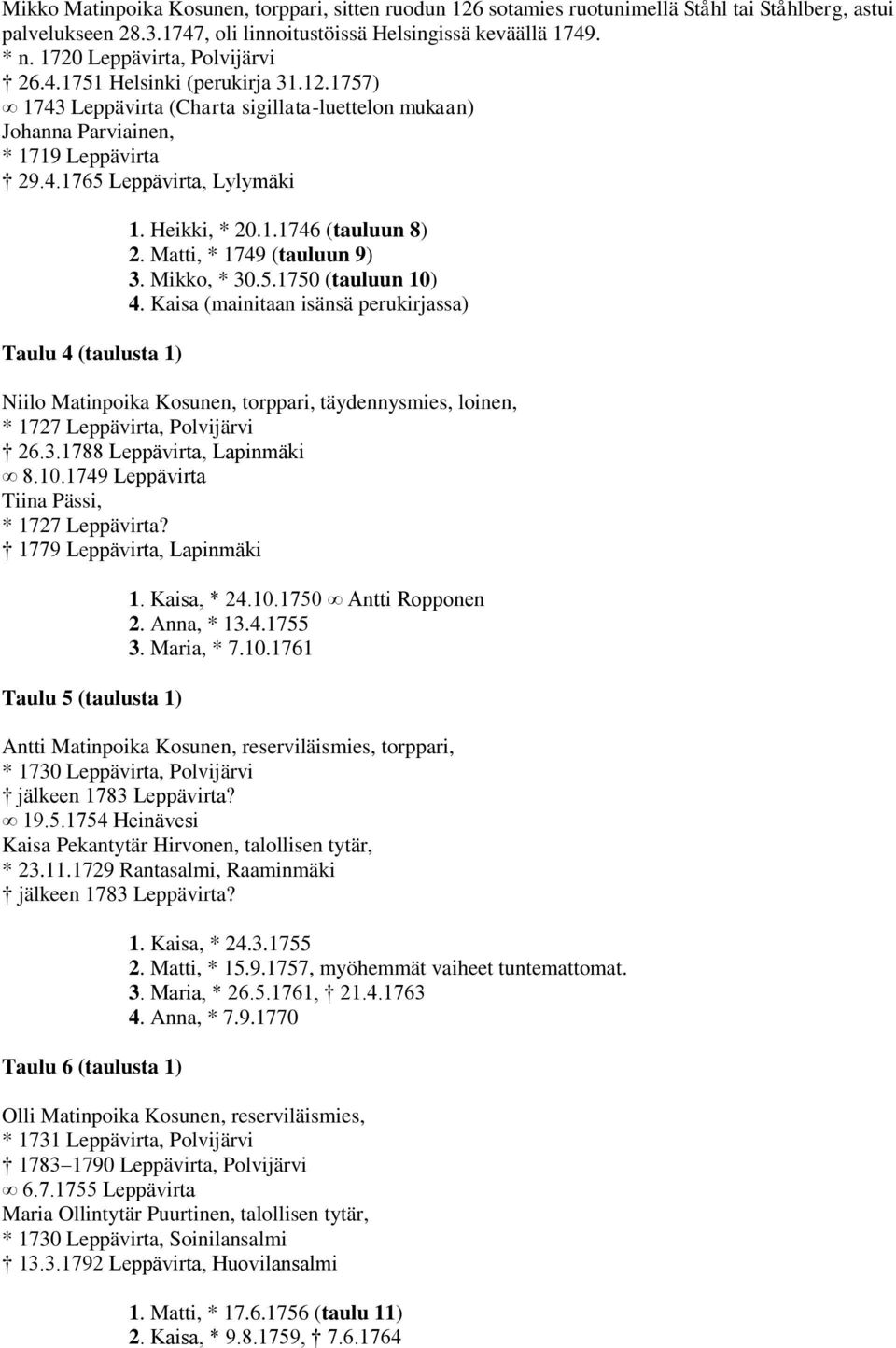 Heikki, * 20.1.1746 (tauluun 8) 2. Matti, * 1749 (tauluun 9) 3. Mikko, * 30.5.1750 (tauluun 10) 4.