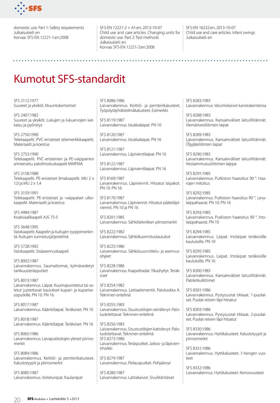 Muuntokertoimet SFS 2407:1982 Suureet ja yksiköt. Lukujen ja lukuarvojen katkaisu ja pyöristys SFS 2750:1990 Telekaapelit. PVC-eristeiset telemerkkikaapelit.