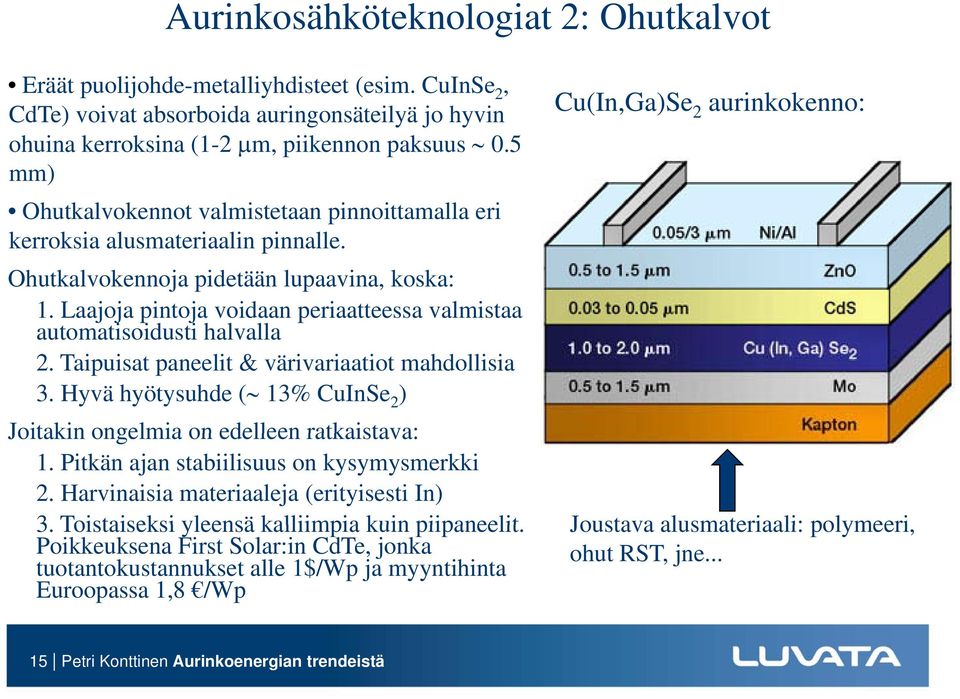 Laajoja pintoja voidaan periaatteessa valmistaa automatisoidusti halvalla 2. Taipuisat paneelit & värivariaatiot mahdollisia 3.