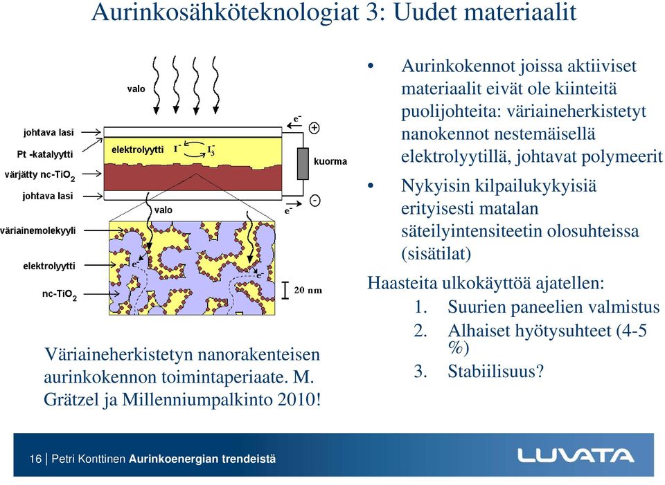 Aurinkokennot joissa aktiiviset materiaalit eivät ole kiinteitä puolijohteita: väriaineherkistetyt nanokennot nestemäisellä elektrolyytillä,