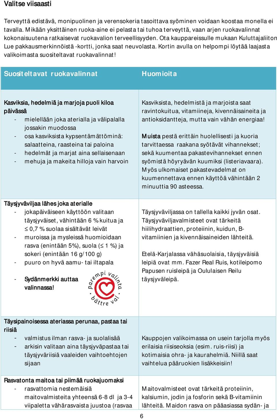 Ota kauppareissulle mukaan Kuluttajaliiton Lue pakkausmerkinnöistä -kortti, jonka saat neuvolasta. Kortin avulla on helpompi löytää laajasta valikoimasta suositeltavat ruokavalinnat!