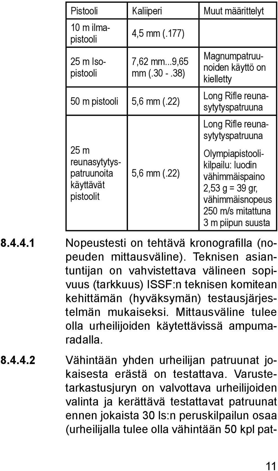 mitattuna 3 m piipun suusta 8.4.4.1 Nopeustesti on tehtävä kronografilla (nopeuden mittausväline).