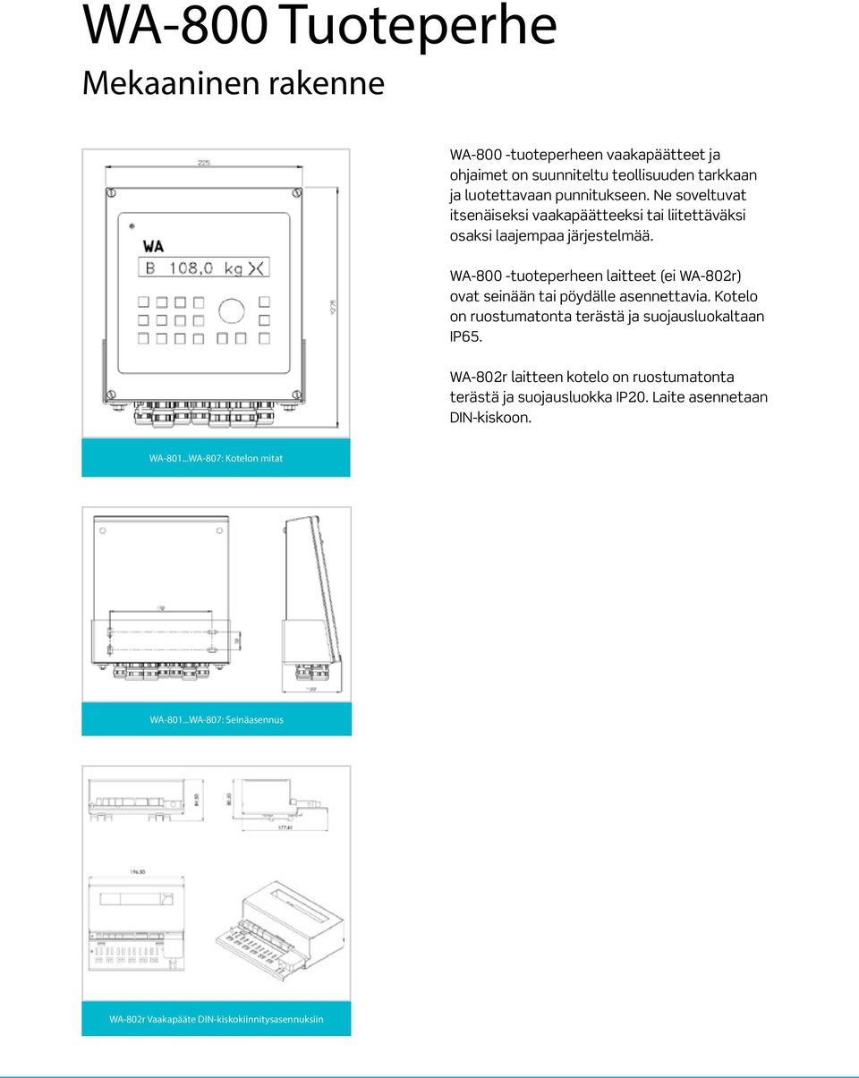 WA-800 -tuoteperheen laitteet (ei WA-802r) ovat seinään tai pöydälle asennettavia. Kotelo on ruostumatonta terästä ja suojausluokaltaan IP65.