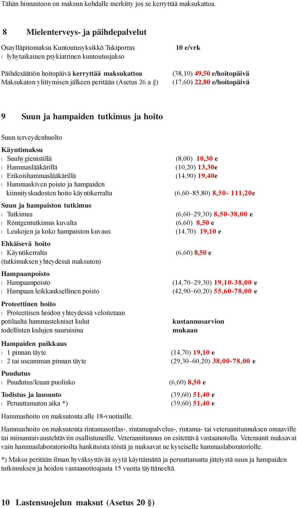 peritään (Asetus 26 a ) 10 e/vrk (38,10) 49,50 e/hoitopäivä (17,60) 22,80 e/hoitopäivä 9 Suun ja hampaiden tutkimus ja hoito Suun terveydenhuolto Käyntimaksu Suuhygienistillä (8,00) 10,30 e